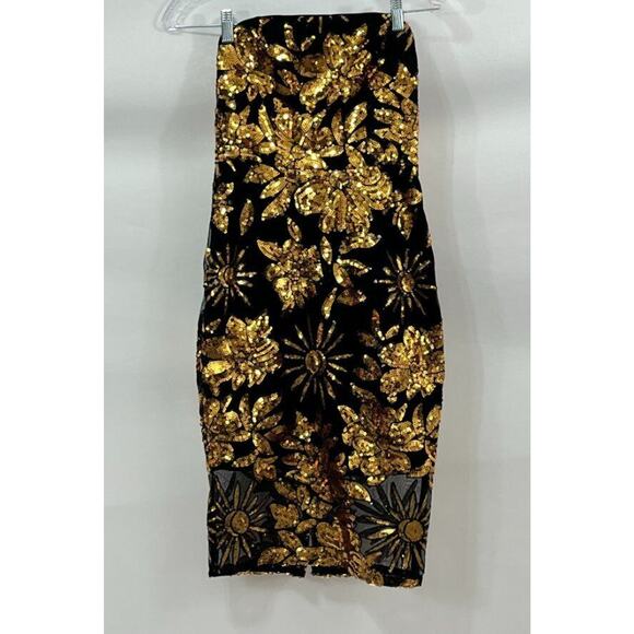 MILLY Sz 0 XS Kait Dress Gold Black Sequin Holiday Nights Strapless Midi - Picture 8 of 11